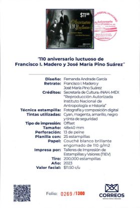 Imagen de Timbre postal: 110 Aniversario luctuoso de Francisco I. Madero y José María Pino Suárez