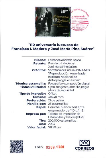 Imagen de Timbre postal: 110 Aniversario luctuoso de Francisco I. Madero y José María Pino Suárez