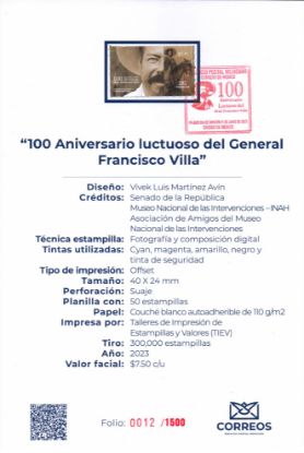 Imagen de Timbre postal: 100 Aniversario luctuoso del General  Francisco Villa