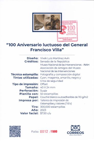 Imagen de Timbre postal: 100 Aniversario luctuoso del General  Francisco Villa
