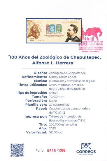 Imagen de Timbre postal: 100 Años del Zoológico de Chapultepec, Alfonso L. Herrera