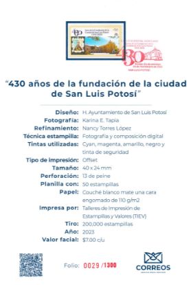 Imagen de Timbre postal: 430 Años de la fundación de la ciudad de San Luis Potosí