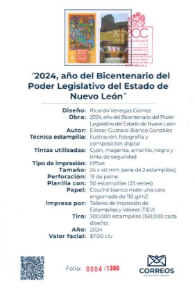 Imagen de Timbre postal: 2024, Año del Bicentenario del Poder Legislativo del Estado de Nuevo León