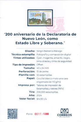Imagen de Timbre postal: 200 Aniversario de la Declaratoria de Nuevo León, como Estado libre y soberano