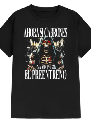 Imagen de Playera manga corta 100% algodón calacas chidas gym " Ya me pego el pre entreno" 