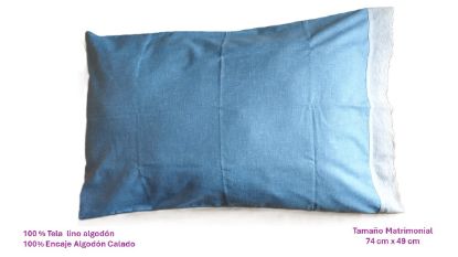 Imagen de FUNDA PARA ALMOHADA MATRIMONIAL 100% LINO Y 100 % ALGODON (AZUL -ENCAJE CALADO BLANCO)