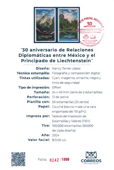 Imagen de Timbre postal: 30 Aniversario de Relaciones Diplomáticas México y el principado de Liechtenstein