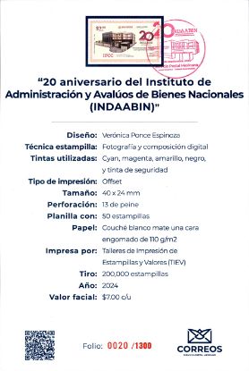 Imagen de Timbre postal: 20 años del Instituto de Administración y Avalúos de Bienes Nacionales (INDAABIN)