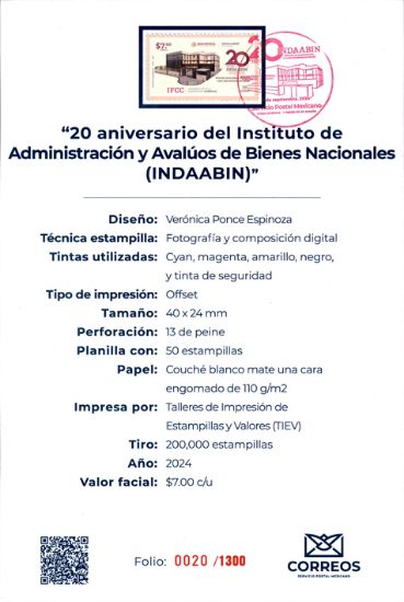 Imagen de Timbre postal: 20 años del Instituto de Administración y Avalúos de Bienes Nacionales (INDAABIN)