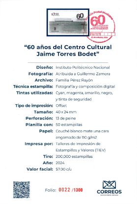 Imagen de Timbre postal: 60 años del Centro Cultural Jaime Torres Bodet