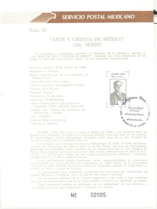 Imagen de HOJA CARNET PRIMER DIA 1988 ARTE Y CIENCIA DE MEXICO ALFONSO CASO