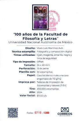 Imagen de Timbre postal: 100 Años Facultad Filosofía y Letras de la UNAM 