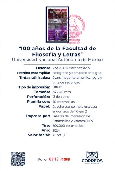 Imagen de Timbre postal: 100 Años Facultad Filosofía y Letras de la UNAM 