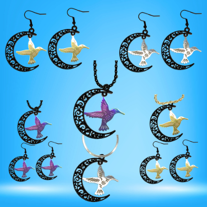 Imagen de Hermoso Colibri Acero Inoxidable Alta Durabilidad en Luna Creciente Negra 41x31mm en Aretes, Collar o Juego (Aretes+Collar)+9 Combinaciones y Modelos para Escoger x1col