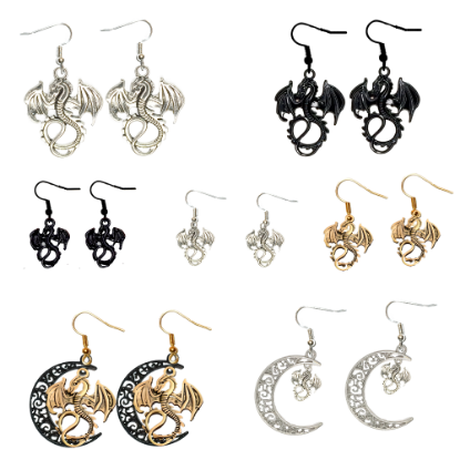 Imagen de 1 Par de Aretes con Dije de Dragon Vikingo Grande o Chico Con o Sin Luna+ de 3 Modelos para Escoger x1-10