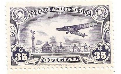 Imagen de ESTAMPILLA AEREA OFICIAL 1930 BIPLANO SOBRE CDMX  35 C VIOLETA