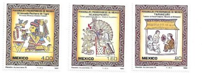 Imagen de SERIE ESTAMPILLAS MEXICO PREHISPANICO ACAMPICHTLI, TARIACURI Y 10 VENADO PECHERA DE TIGRE 1982