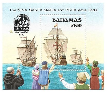 Imagen de ESTAMPILLA HOJITA BAHAMAS COLON 500 AÑOS SALIDA DEL PUERTO DE CADIZ NUEVA