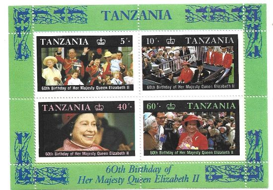 Imagen de TANZANIA HOJITA CON 4 ESTAMPILLAS 60 ANIVERSARIO DE LA REINA ISABEL II DE GRAN BRETAÑA 1987