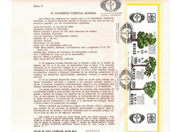 Imagen de HOJA PRIMER DIA IX CONGRESO FORESTAL INTERNACIONAL 1985 ARBOLES  FLORA