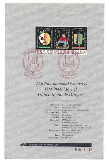 Imagen de HOJA PRIMER DIA EMISION SE TENANT ESTAMPILLAS LUCHA CONTRA LAS DROGAS 1995 MEXICO