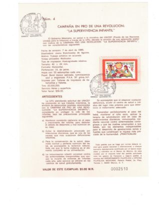 Imagen de HOJITA  PRIMER DIA DE EMISION DE ESTAMPILLA CAMPAÑA DE SALUD Y VACUNACION 1985 Y MATASELLO RPIMER DIA