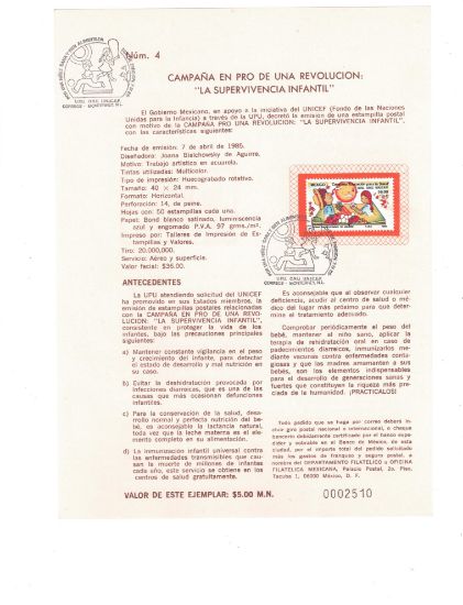 Imagen de HOJITA  PRIMER DIA DE EMISION DE ESTAMPILLA CAMPAÑA DE SALUD Y VACUNACION 1985 Y MATASELLO RPIMER DIA
