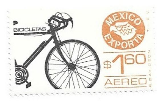 Imagen de ESTAMPILLA SERIE MEXICO EXPORTA BICICLETAS $1.60 3RA SERIE PAPEL CEBOLLA NUEVA