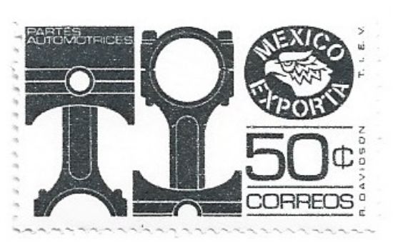Imagen de ESTAMPILLA SERIE MEXICO EXPORTA 50C PARTES AUTOMOTRICES PAPEL CEBOLLA NUEVA