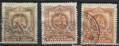 Imagen de ESTAMPILLAS AGUILITAS DE 5C DE PORFIRIO DIAZ 1900  , VARIEDADES DE COLOR NARANJA OCRE Y OLIVO USADAS