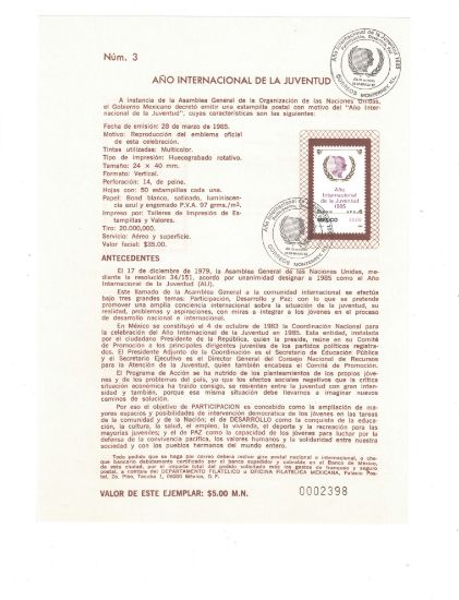 Imagen de HOJITA PRIMER DIA EMISION ESTAMPILLA MEXICANA AÑO INTERNACIONAL DE LA JUVENTUD 1985