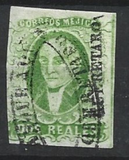 Imagen de PRIMERA ESTAMPILLA MEXICANA DOS REALES VERDE HIDALGO DIST. QUERETARO 1856 USADA