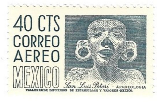 Imagen de ESTAMPILLA SERIE ARQUEOLOGIA AEREA 40C ESTATUILLA ORJON TAMUIN SAN LUIS POTOSI FOSFORESCENTE 1955 NUEVA PERF 11