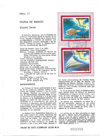 Imagen de HOJA PRIMER DIA EMISIION 1982 FAUNA DE MEXICO BALLENA GRIS Y TORTUGA DE CAREY