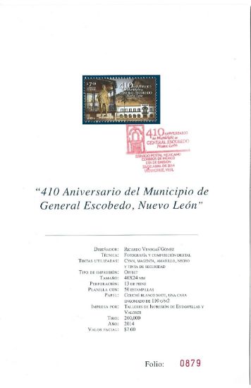Imagen de HOJITA PRIMER DIA EMISION ESTAMPILLA 410 ANIVERSARIO MUNICIPIO DE ESCOBEDO NUEVO LEON 2014