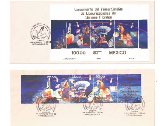 Imagen de SOBRES PRIMER DIA EMISION LANZAMIENTO PRIMER SATELITE MORELOS I 1985 SE TENANT Y HOJITA 